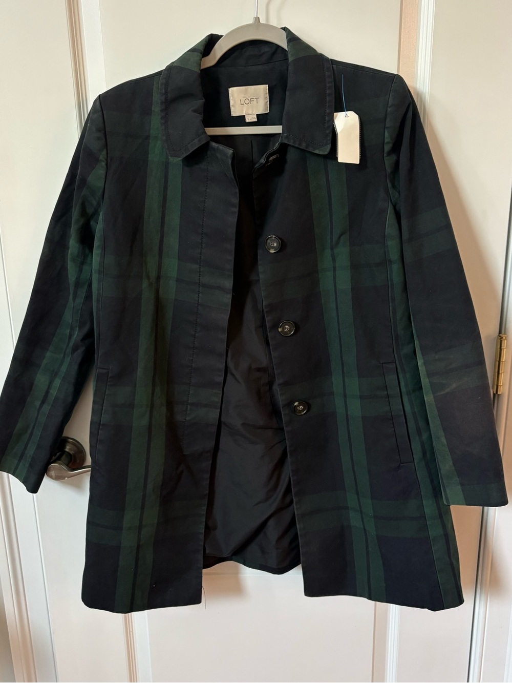 LOFT Black and Dark Green Plaid Midweight Trench Coat Women’s Small